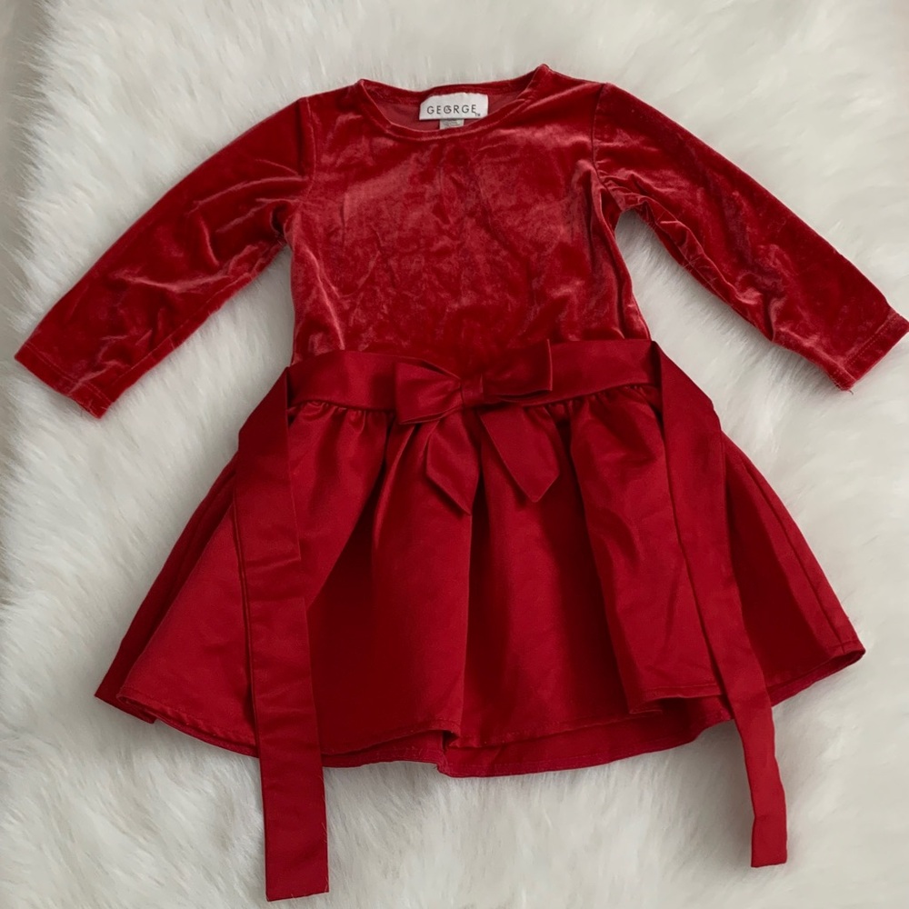 George Christmas Holiday Scarlet Velvet Dress with Ribbon